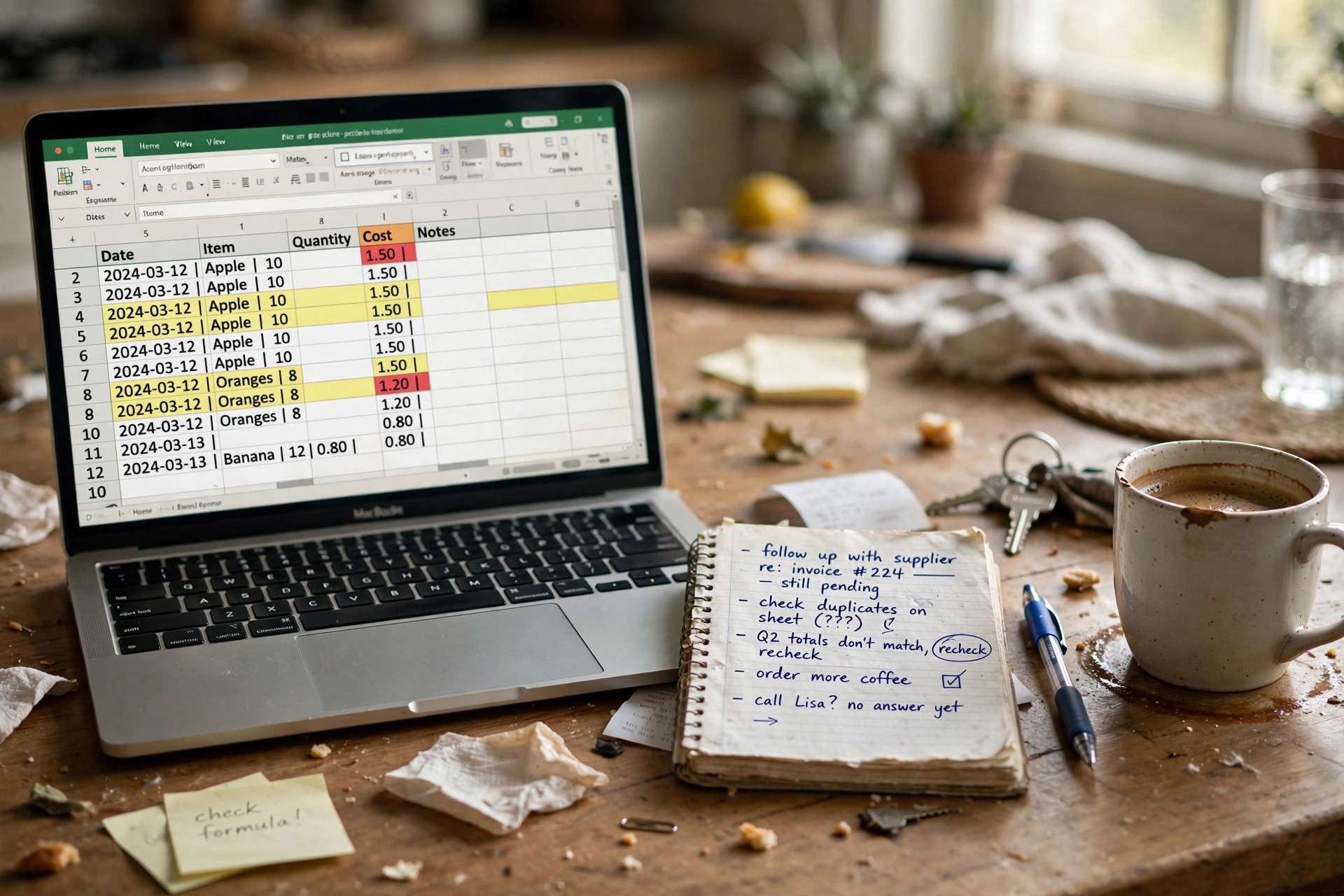 Laptop on a kitchen table showing a messy spreadsheet, notebook and coffee beside it
